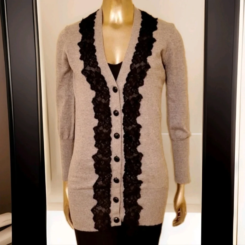 VENUS Heather Grey Long Line Cardigan Sweater With Lace Trim Sz Small